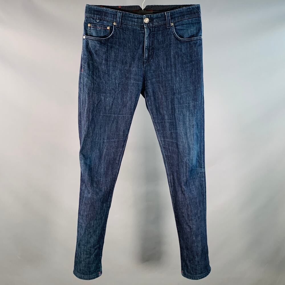 ISAIA Size 32 Blue Cotton Selvedge Twill Skinny Jeans
